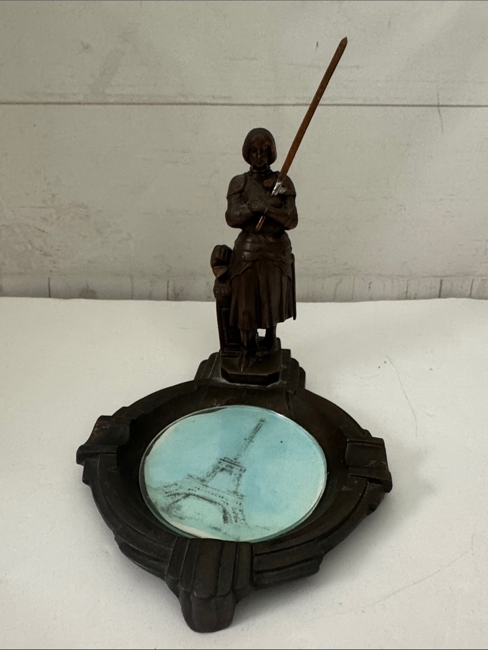 Art Deco Style Bronze-Tone Joan of Arc Decorative Ashtray W/Eiffel Tower Inset